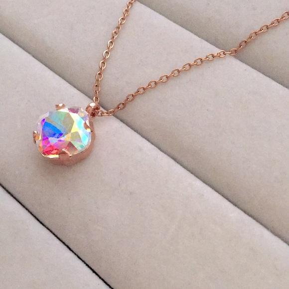 Aurora Borealis + Rose Gold Cushion Cut Crystal Drop Pendant Necklace - Picture 4 of 10
